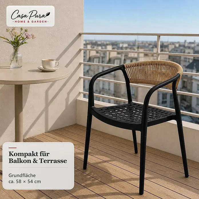 Floordirekt Gartenstuhl-Set Solaro 6er-Set - 6 Stk., Polypropylen (PP) und handgeflochtenes Seil, Schwarz, B x T x H: 54 x 58 x 70 cm - Kompakter Outdoor-Stuhl in Schwarz und Beige mit geflochtener Rückenlehne auf einem Balkon, ideal für kleine Flächen. Grundfläche ca. 58 x 54 cm.