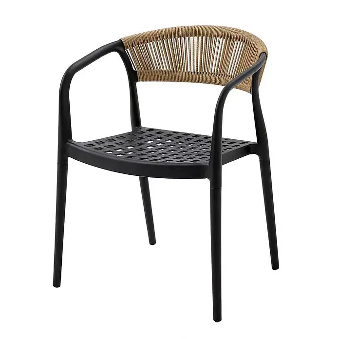 Floordirekt Gartenstuhl-Set Solaro 6er-Set - 6 Stk., Polypropylen (PP) und handgeflochtenes Seil, Schwarz, B x T x H: 54 x 58 x 70 cm - Schwarzer Sessel mit natürlicher geflochtener Seillehne und schwarzer perforierter Sitzfläche.