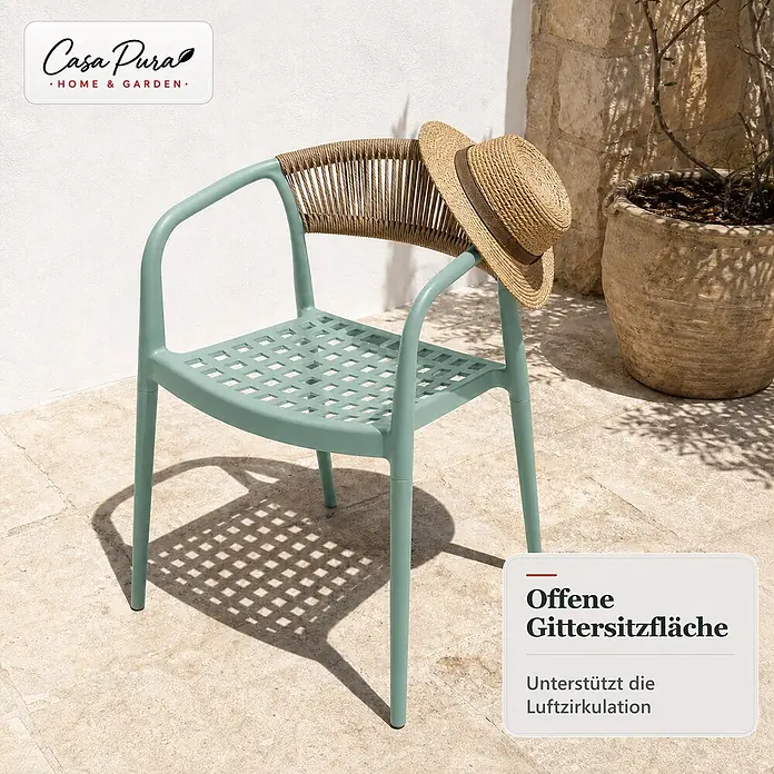 Floordirekt Gartenstuhl-Set Solaro 6er-Set - 6 Stk., Polypropylen (PP) und handgeflochtenes Seil, Grün, B x T x H: 54 x 58 x 70 cm - Mintgrüner Gartenstuhl mit geflochtener Rückenlehne und offener Gittersitzfläche, draußen mit Strohhut.