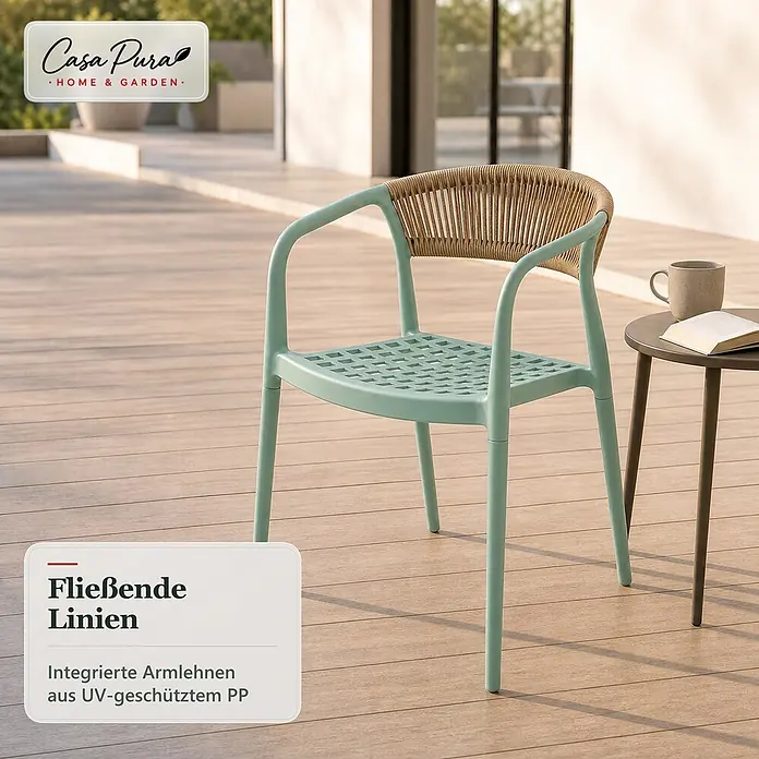 Floordirekt Gartenstuhl-Set Solaro 6er-Set - 6 Stk., Polypropylen (PP) und handgeflochtenes Seil, Grün, B x T x H: 54 x 58 x 70 cm - Mintgrüner Outdoor-Stuhl aus UV-geschütztem PP mit geflochtener Rückenlehne und integrierten Armlehnen auf Holzterrasse.