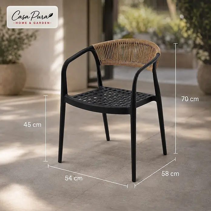 Floordirekt Gartenstuhl-Set Solaro 6er-Set - 6 Stk., Polypropylen (PP) und handgeflochtenes Seil, Schwarz, B x T x H: 54 x 58 x 70 cm - Schwarzer Outdoor-Stuhl mit geflochtener beiger Rückenlehne, Maße: H 70 cm, SH 45 cm, B 54 cm, T 58 cm.