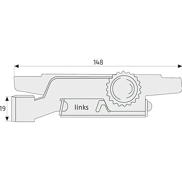 Abus Rollladensicherung RS 97 - Länge: 148 mm, 2 Stk. - Abbildung eines Verbindungselements mit den Maßen 148 und 19, das die Konstruktionsdetails des Produkts hervorhebt.