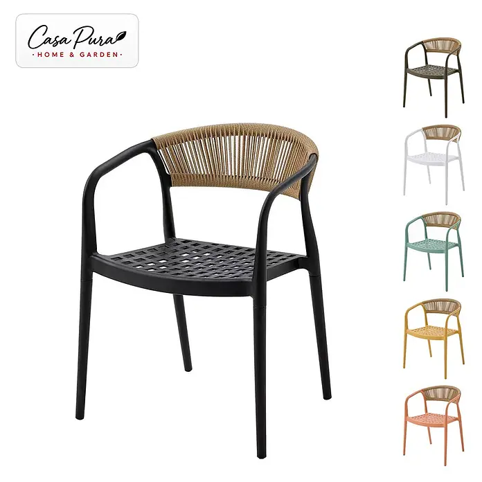 Floordirekt Gartenstuhl-Set Solaro 6er-Set - 6 Stk., Polypropylen (PP) und handgeflochtenes Seil, Schwarz, B x T x H: 54 x 58 x 70 cm - Schwarzer Sessel mit natürlichem Geflecht und Gitter-Sitzfläche, gezeigt mit kleineren Versionen in Weiß, Dunkelgrün, Mintgrün, Gelb und Orange.