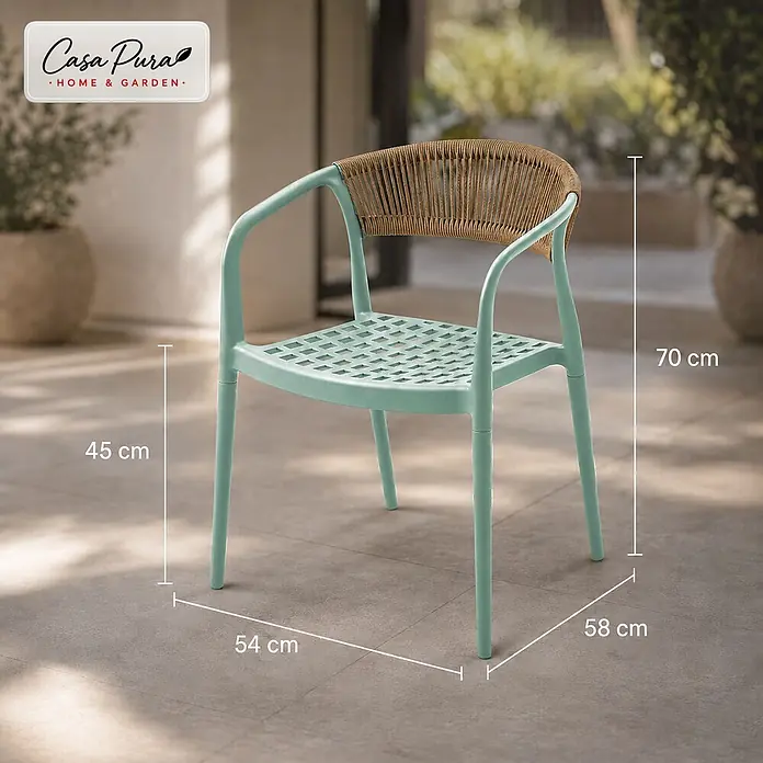 Floordirekt Gartenstuhl-Set Solaro 6er-Set - 6 Stk., Polypropylen (PP) und handgeflochtenes Seil, Grün, B x T x H: 54 x 58 x 70 cm - Mintgrüner Gartenstuhl mit geflochtener Rückenlehne im Rattan-Stil, Maße angezeigt.