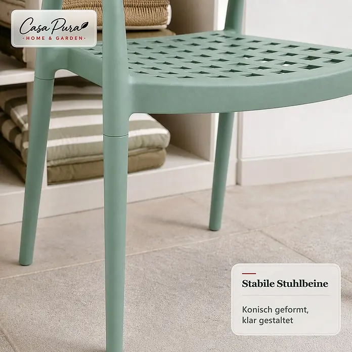 Floordirekt Gartenstuhl-Set Solaro 6er-Set - 6 Stk., Polypropylen (PP) und handgeflochtenes Seil, Grün, B x T x H: 54 x 58 x 70 cm - Ein Detail einer mintgrünen Kunststoffstuhl mit konischen Beinen und Gittermuster auf der Sitzfläche.
