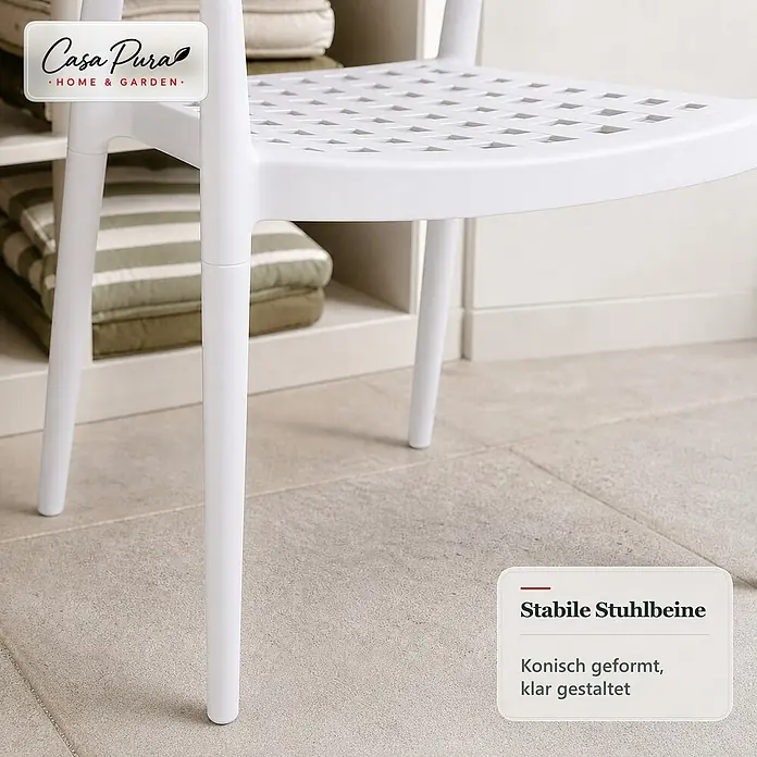 Floordirekt Gartenstuhl-Set Solaro 6er-Set - 6 Stk., Polypropylen (PP) und handgeflochtenes Seil, Weiß, B x T x H: 54 x 58 x 70 cm - Weißer Stuhl mit perforierter Sitzfläche und stabilen, konischen Beinen.