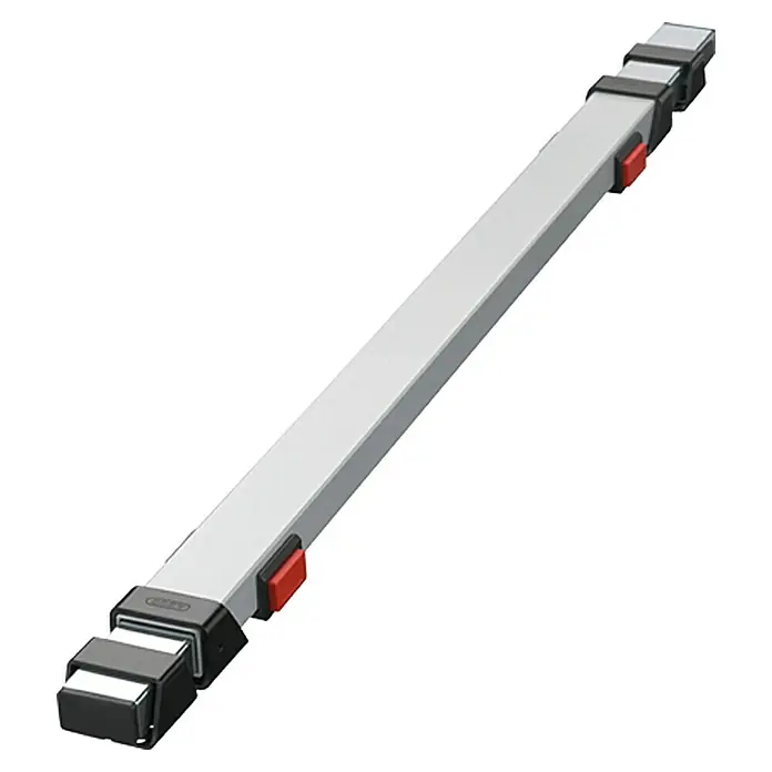 Abus Panzerriegel PR1400 - Geeignet für: Türblattbreite von 85 - 100 cm, Länge: 800 mm - Ein ausziehbarer Gepäckträger mit grauen und schwarzen Details und roten Knöpfen. Er ist diagonal auf einem weißen Hintergrund positioniert.