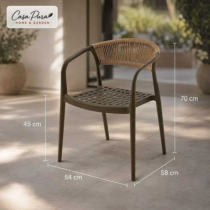 Floordirekt Gartenstuhl Solaro - 1 Stk., Polypropylen (PP) und handgeflochtenes Seil, Anthrazit, B x T x H: 54 x 58 x 70 cm - Outdoor-Sessel mit khakifarbenem Gestell und geflochtener Seillehne, mit Maßen (70x54x58 cm) in Gartenumgebung dargestellt.