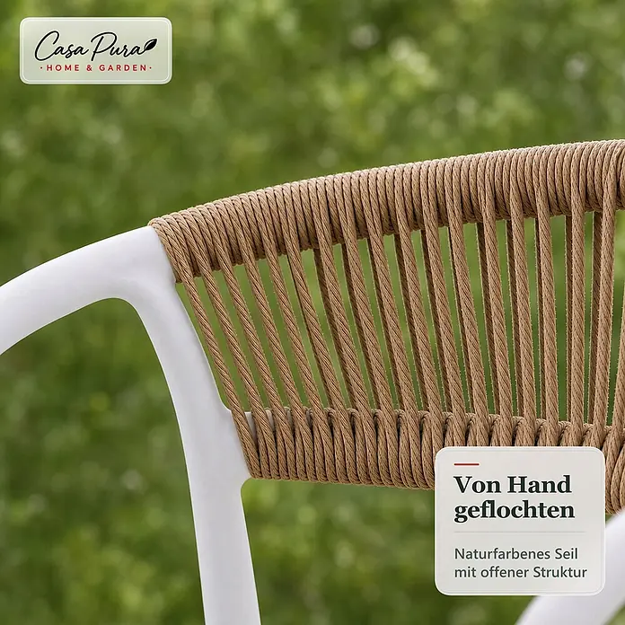 Floordirekt Gartenstuhl-Set Solaro 6er-Set - 6 Stk., Polypropylen (PP) und handgeflochtenes Seil, Weiß, B x T x H: 54 x 58 x 70 cm - Detailansicht einer Stuhllehne mit weißem Gestell und handgeflochtenem, naturfarbenem Seil.