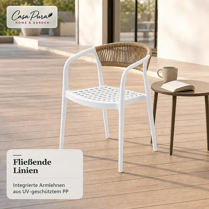 Floordirekt Gartenstuhl-Set Solaro 6er-Set - 6 Stk., Polypropylen (PP) und handgeflochtenes Seil, Weiß, B x T x H: 54 x 58 x 70 cm - Weißer Outdoor-Stuhl mit geflochtener beiger Rückenlehne und integrierten Armlehnen aus UV-geschütztem PP auf einer Terrasse.