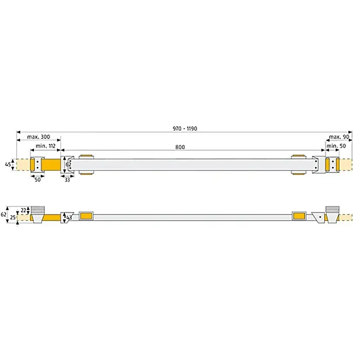 Abus Panzerriegel PR1400 - Geeignet für: Türblattbreite von 85 - 100 cm, Länge: 800 mm - Produktansicht: Eine detaillierte technische Zeichnung des Produkts mit Maßangaben für eine umfassende Produktkenntnis.