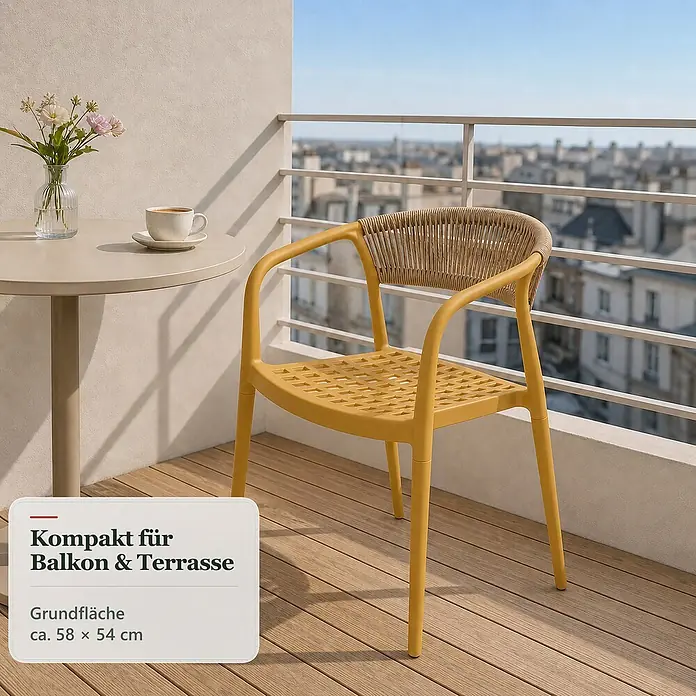 Floordirekt Gartenstuhl Solaro - 1 Stk., Polypropylen (PP) und handgeflochtenes Seil, Gelb, B x T x H: 54 x 58 x 70 cm - Gelber Outdoor-Stuhl mit geflochtener Rückenlehne auf einem Balkon. Kompakt für Balkon & Terrasse.