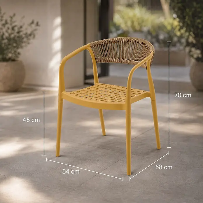 Floordirekt Gartenstuhl Solaro - 1 Stk., Polypropylen (PP) und handgeflochtenes Seil, Gelb, B x T x H: 54 x 58 x 70 cm - Gelber Kunststoff-Gartenstuhl mit geflochtener Rückenlehne; H 70 cm, SH 45 cm, B 54 cm, T 58 cm.