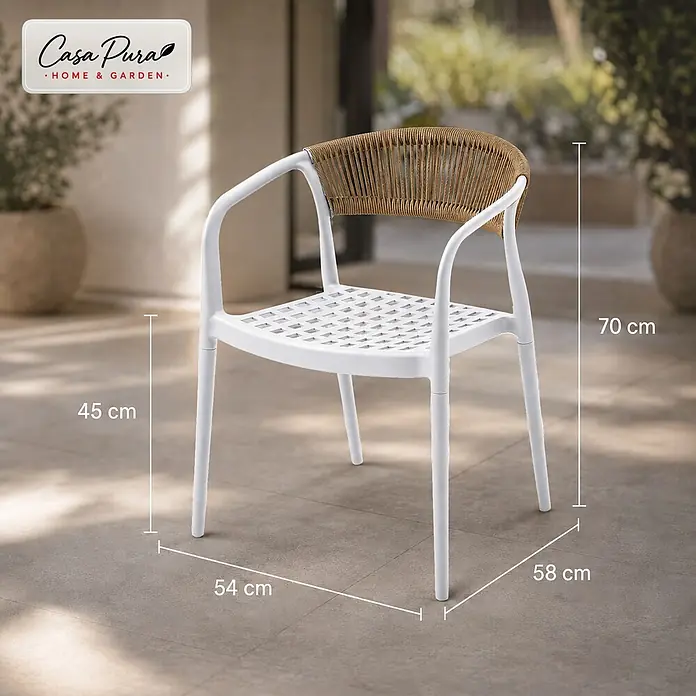 Floordirekt Gartenstuhl-Set Solaro 6er-Set - 6 Stk., Polypropylen (PP) und handgeflochtenes Seil, Weiß, B x T x H: 54 x 58 x 70 cm - Weißer Outdoor-Stuhl mit geflochtener Rückenlehne in Hellbraun. Maße: 70H x 54B x 58T cm, Sitzhöhe 45 cm.