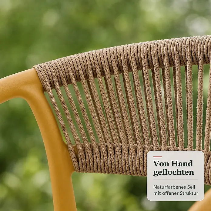 Floordirekt Gartenstuhl Solaro - 1 Stk., Polypropylen (PP) und handgeflochtenes Seil, Gelb, B x T x H: 54 x 58 x 70 cm - Rückenlehne eines senfgelben Stuhls aus handgeflochtenem Naturseil mit offener Struktur.