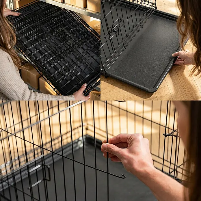 belviona Transportbox - 92 x 58 x 64 cm, Kunststoff, schwarz - Aufbau eines schwarzen Draht-Hundekäfigs mit schwarzer Kunststoffwanne.