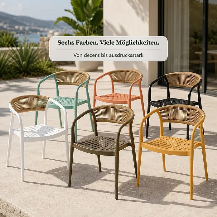 Floordirekt Gartenstuhl Solaro - 1 Stk., Polypropylen (PP) und handgeflochtenes Seil, Gelb, B x T x H: 54 x 58 x 70 cm - Sechs bunte Plastik-Terrassenstühle mit geflochtenen Rückenlehnen auf einer Außenterrasse.