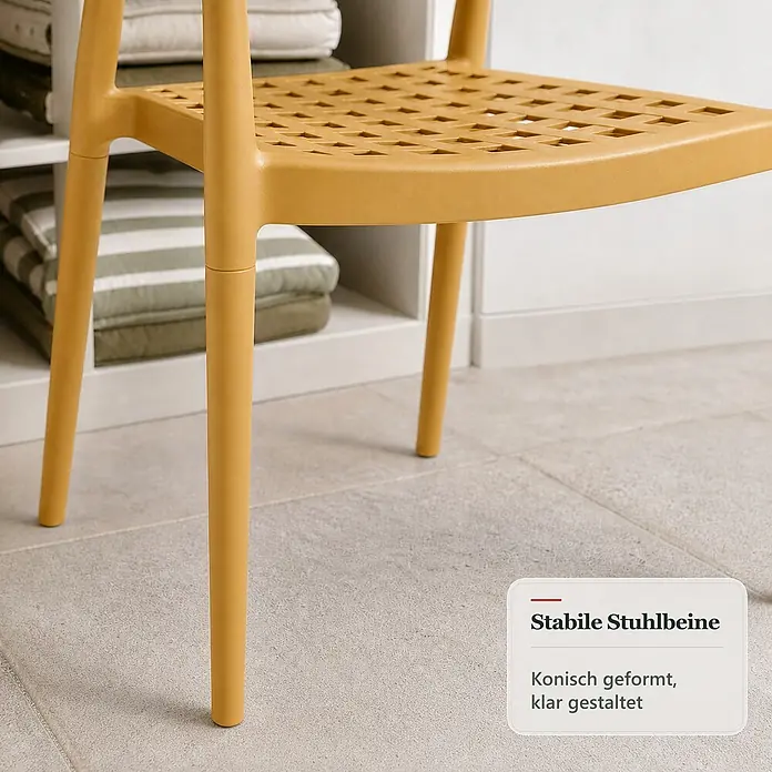 Floordirekt Gartenstuhl Solaro - 1 Stk., Polypropylen (PP) und handgeflochtenes Seil, Gelb, B x T x H: 54 x 58 x 70 cm - Senfgelber Stuhl mit perforierter Sitzfläche und stabilen, konischen Beinen, in Innenräumen.