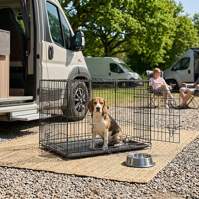 belviona Transportbox - 92 x 58 x 64 cm, Kunststoff, schwarz - Schwarze Metall-Hundebox mit Beagle, auf einer Matte vor einem Wohnmobil beim Camping.