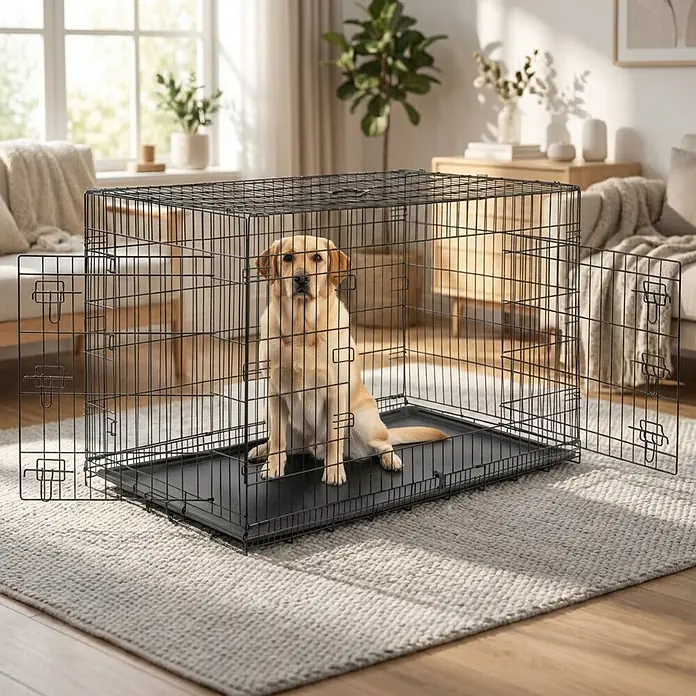 belviona Transportbox - 122 x 75 x 81 cm, Kunststoff, schwarz - Schwarze Draht-Hundebox mit einem gelben Labrador darin, der ihre Geräumigkeit in einem hellen Wohnzimmer zeigt.