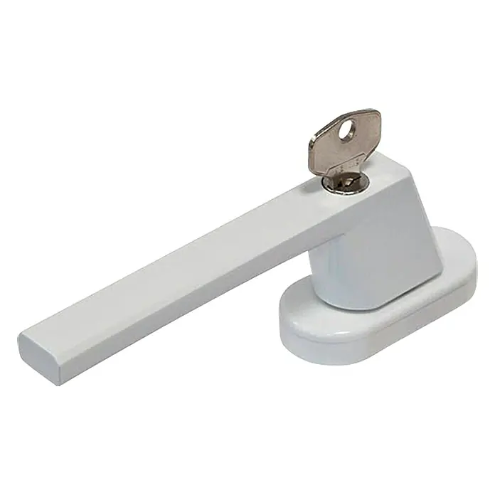 Abus Fenstergriff FG 110 - Weiß, Abschließbar - Fenstergriff mit Schlüssel. Der Griff ist weiß und der Schlüssel steckt im Schloss. Sicherer Fenstergriff.