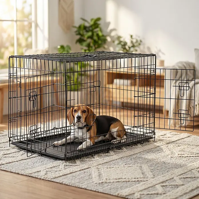 belviona Transportbox - 92 x 58 x 64 cm, Kunststoff, schwarz - Ein schwarzer Draht-Hundekäfig mit einem Beagle darin, auf einem Teppich in einem sonnigen Wohnzimmer.