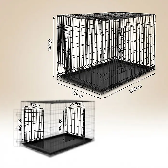 belviona Transportbox - 122 x 75 x 81 cm, Kunststoff, schwarz - Schwarze Draht-Hundebox mit Maßangaben: Gesamtgröße und zwei Türöffnungen.