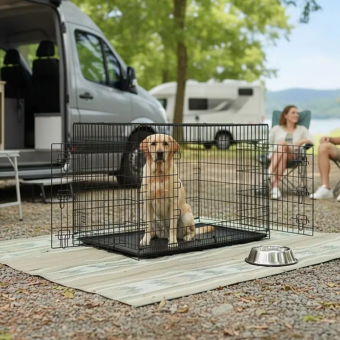 belviona Transportbox - 122 x 75 x 81 cm, Kunststoff, schwarz - Schwarze Draht-Hundebox mit Labrador auf Campingausflug.