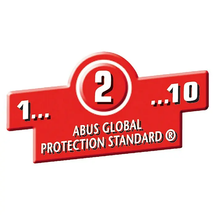 Abus Fenstergriff FG 110 - Braun, Abschließbar - Abus Global Protection Standard Aufkleber mit der Kennzeichnung 1 bis 10, die Schutzstufen des Produkts angibt.