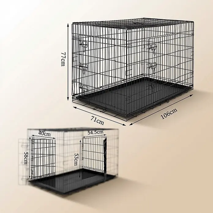 belviona Transportbox - 106 x 71 x 77 cm, Kunststoff, schwarz - Schwarze Draht-Hundebox mit abnehmbarer Schale, zeigt Gesamtmaße und Türgrößen.