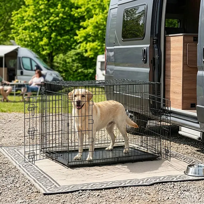 belviona Transportbox - 106 x 71 x 77 cm, Kunststoff, schwarz - Eine große schwarze Draht-Hundebox enthält einen gelben Labrador im Freien neben einem Wohnmobil auf einem gemusterten Teppich.