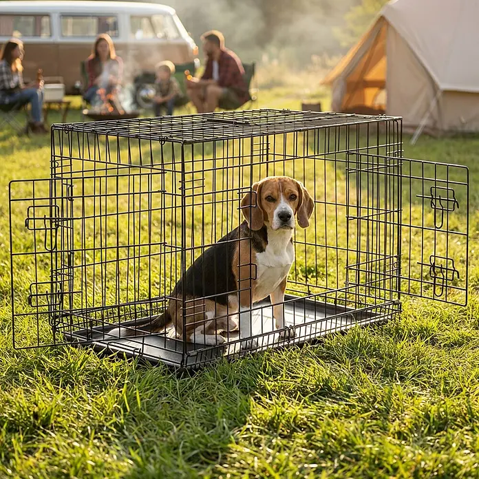 belviona Transportbox - 76 x 49 x 56 cm, Kunststoff, schwarz - Schwarze Draht-Hundebox mit Beagle darin, geeignet für Reisen und den Außenbereich.
