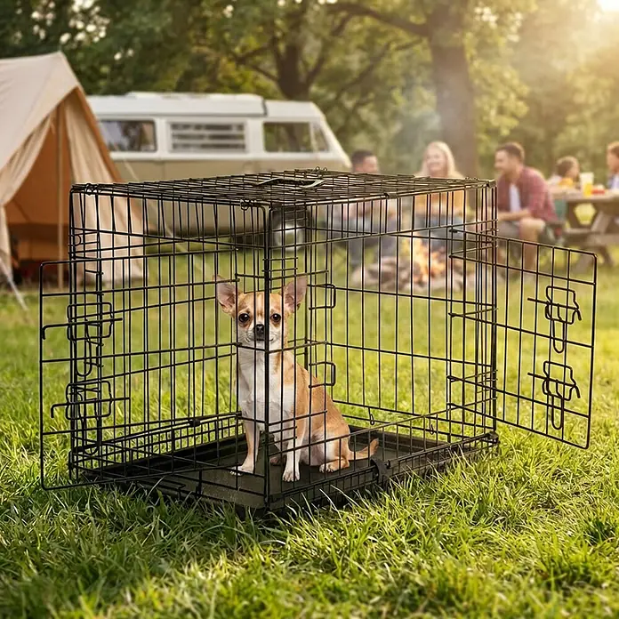 belviona Transportbox - 61 x 44 x 51 cm, Kunststoff, schwarz - Schwarze Draht-Hundebox mit offener Tür auf Gras, ein kleiner Hund darin, auf einem Campingplatz.