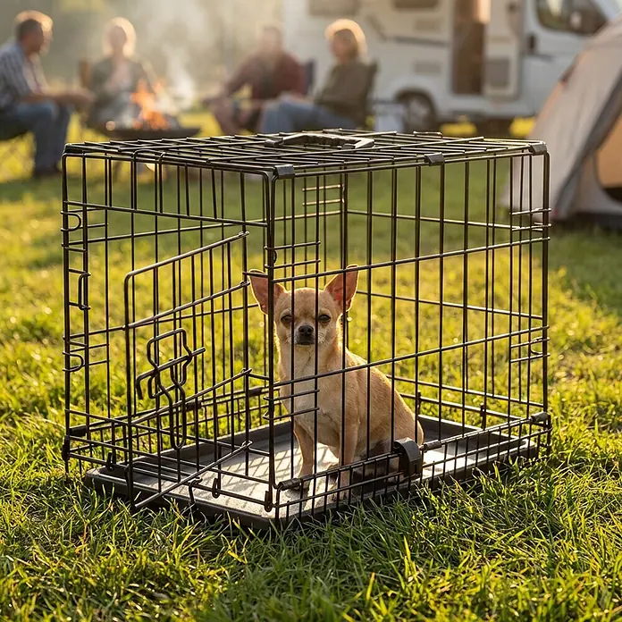belviona Transportbox - 45 x 31 x 36 cm, Metall, schwarz - Eine schwarze Draht-Hundebox mit einem Chihuahua darin, im Freien auf einem Campingplatz aufgestellt.