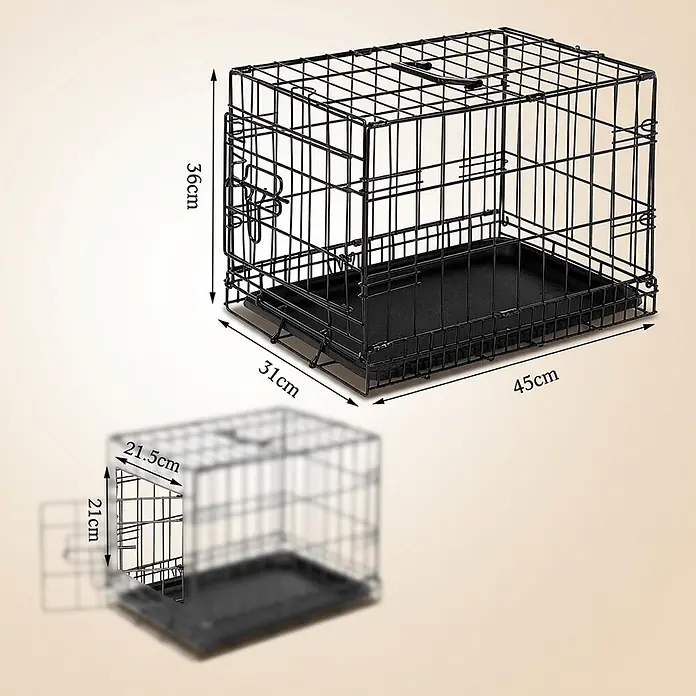 belviona Transportbox - 45 x 31 x 36 cm, Metall, schwarz - Zwei schwarze Draht-Haustierkäfige mit Kunststoffschalen, Maße angegeben.