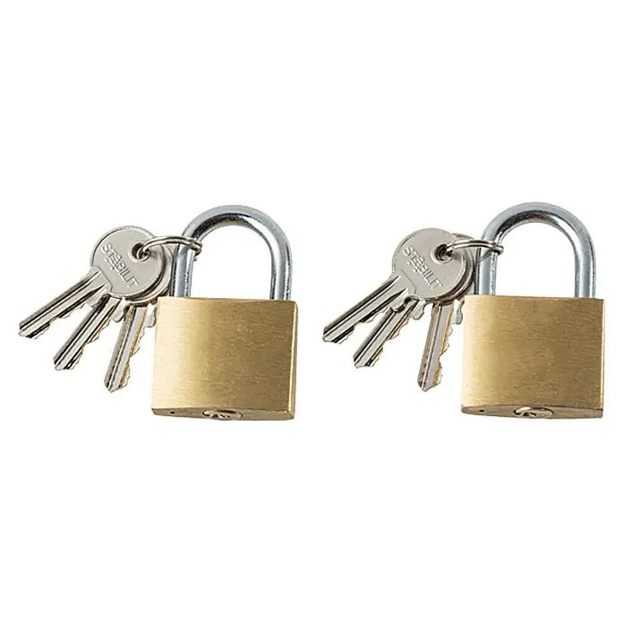 Stabilit Juego de candados - 2 ud., Ancho: 40 mm, Acero - Dos candados Steelbilt en tonos dorados con llaves, que ofrecen protección segura para sus objetos de valor y pertenencias personales.