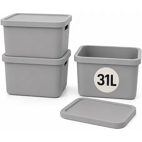 Plastard  Aufbewahrungsbox-Set 3er-Set 31 Liter in Grau mit Deckel – Stapelboxen, Lagerboxen