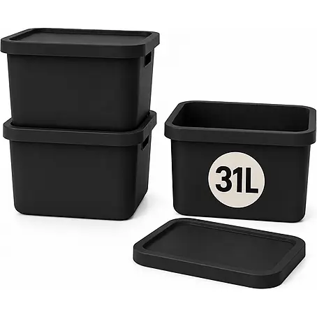 Plastard  Aufbewahrungsbox-Set 3er-Set 31 Liter in Schwarz mit Deckel – Stapelboxen, Lagerboxen