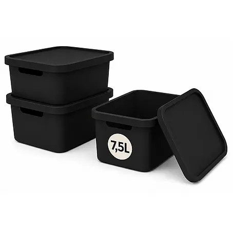 Plastard  Aufbewahrungsbox-Set 3er-Set 7,5 Liter in Schwarz mit Deckel – Stapelboxen, Lagerboxen