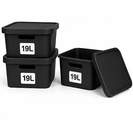 Plastard  Aufbewahrungsbox-Set 3er-Set 19 Liter in Schwarz mit Deckel – Stapelboxen, Lagerboxen