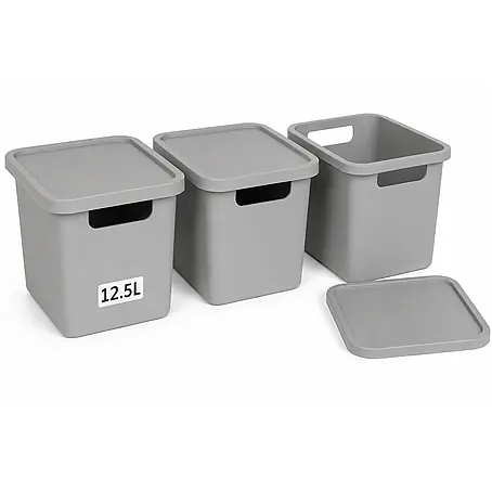 Plastard  Aufbewahrungsbox-Set 3er-Set 12,5 Liter in Grau mit Deckel – Stapelboxen, Lagerboxen