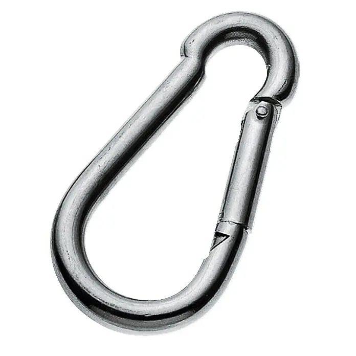 Stabilit Feuerwehr-Karabinerhaken - 2 Stk., Durchmesser: 5 mm, Edelstahl AISI 316/V4A - Ein silberfarbener Karabinerhaken mit Schnappverschluss, ideal für verschiedenste Anwendungen wie Camping, Wandern und Alltag.