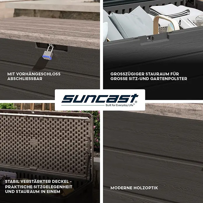 Suncast Auflagenbox - 147 x 74 x 74 cm, Kunststoff, Anthrazit - Dunkelbraune Gartenbox in Holzoptik, abschließbar. Verstärkter Deckel als Sitzgelegenheit, großer Stauraum für Gartenpolster.