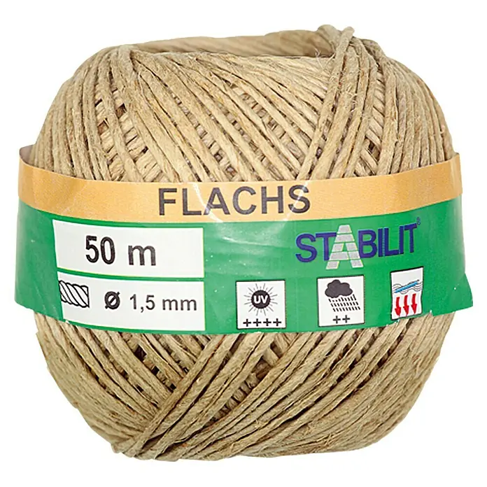 Stabilit Ovillo de cordel de lino - Ø x L: 1,5 mm x 50 m, Materiales naturales - Primer plano de una madeja de hilo de lino, envuelta con una banda que indica la marca y la longitud (50 m).