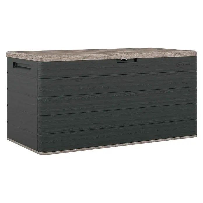 Suncast Auflagenbox - 147 x 74 x 74 cm, Kunststoff, Anthrazit - Dunkelgraue, texturierte Outdoor-Aufbewahrungsbox mit heller Holzoptik-Deckel und Griffen.