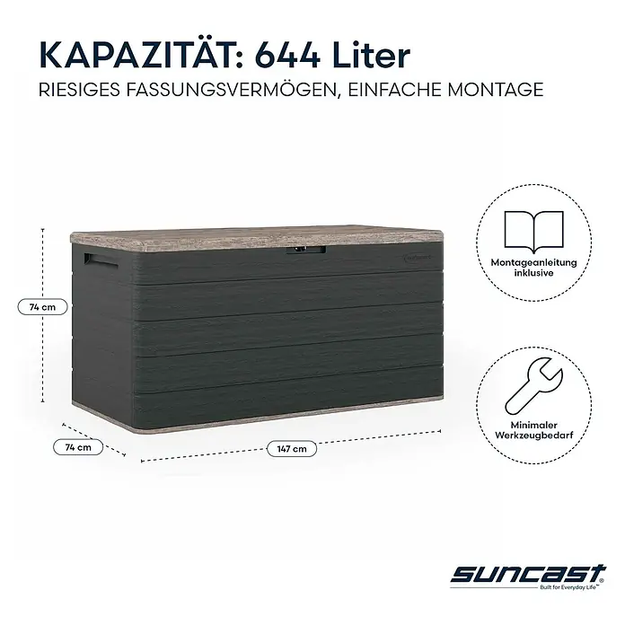Suncast Auflagenbox - 147 x 74 x 74 cm, Kunststoff, Anthrazit - Eine große, dunkelgraue Gartenbox mit Holzoptik-Deckel, 147x74x74 cm groß und 644 Liter Fassungsvermögen.