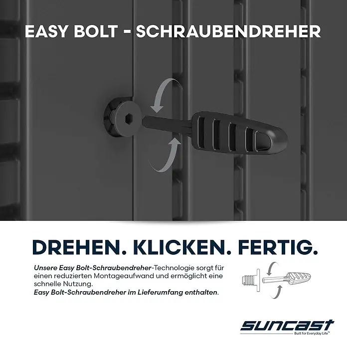 Suncast Auflagenbox - 147 x 74 x 74 cm, Kunststoff, Anthrazit - Ein schwarzer Easy Bolt Schraubendreher dreht in eine Sechskantschraube zur einfachen Montage.