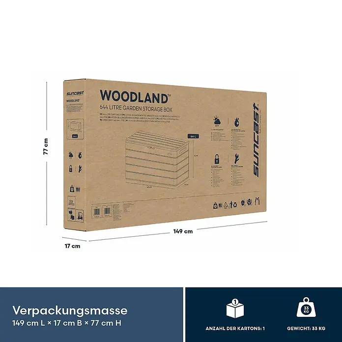 Suncast Auflagenbox - 147 x 74 x 74 cm, Kunststoff, Anthrazit - Braune Kartonverpackung für eine Suncast Woodland 644 Liter Gartenaufbewahrungsbox. Paketmaße 149x17x77 cm, Gewicht 33 kg.