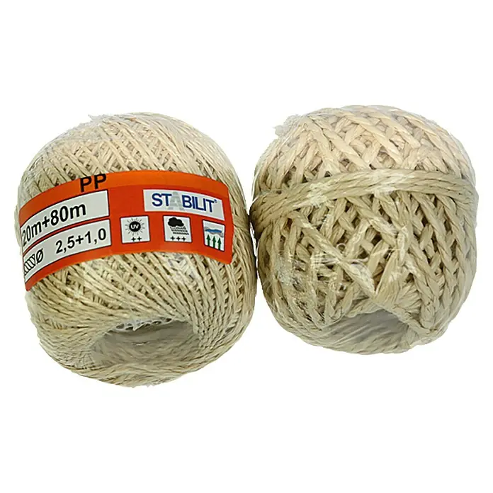 Stabilit Ovillo de cordel - Ø x L: 1 mm x 20 m, Plástico, Beige, Longitud de la cuerda: 80 metros (m) - Dos madejas de cordel PP STABILT marrón claro, versátil para manualidades, jardinería y embalaje.