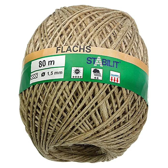 Stabilit Naturbindfaden - Seillänge: 80 m, Durchmesser: 1,5 mm - Abbildung eines Ballens FLachs-Garn von Stabilit, mit einer Länge von 80 m und einem Durchmesser von 1,5 mm, isoliert auf Weiß.